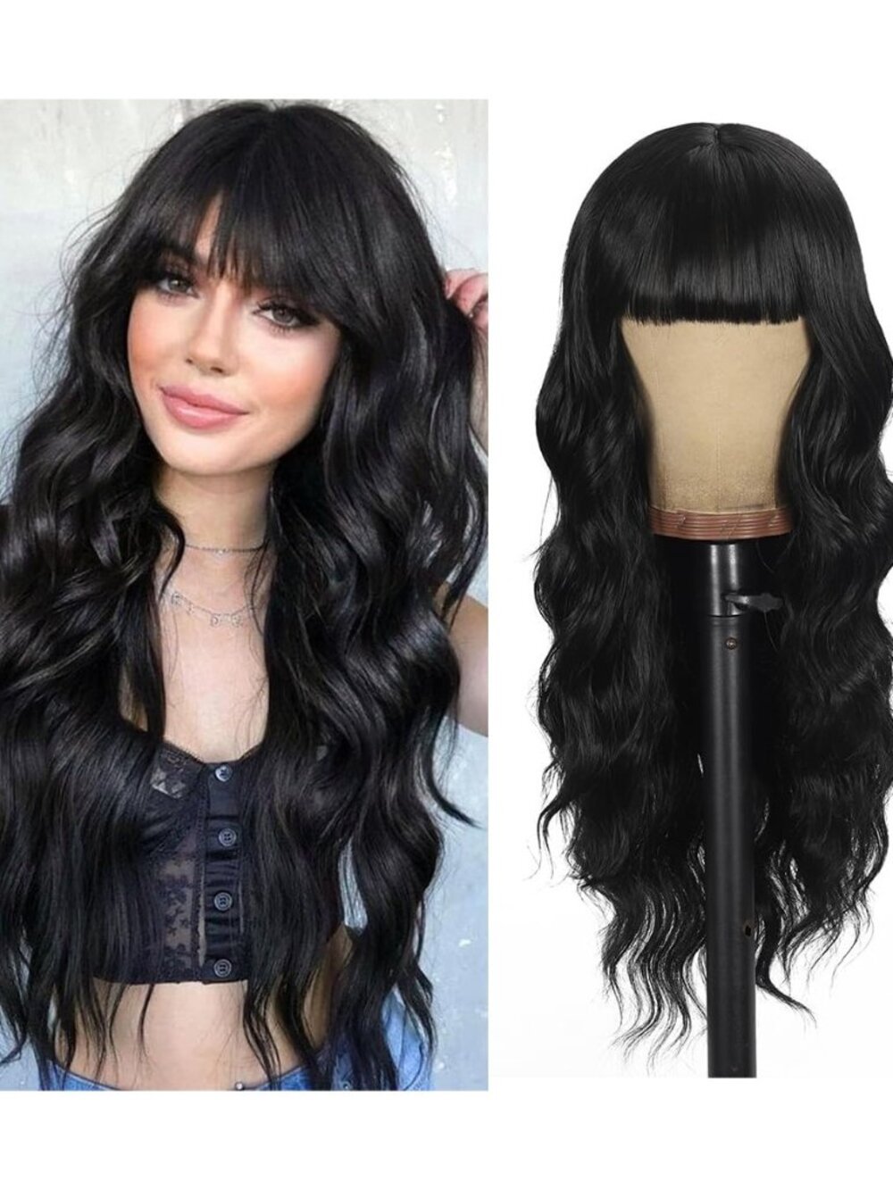 Black Wig with Bangs Long curly wavy Wigs for Women26In Synthetic Black Wig